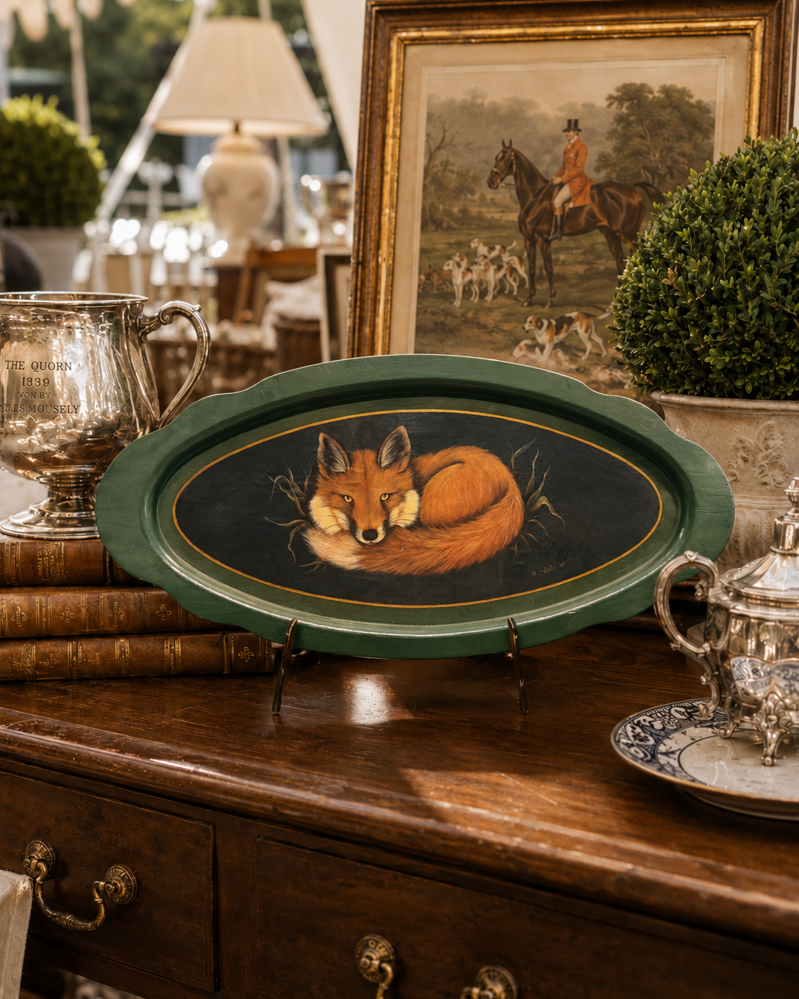 Antique Hand Painted Wooden Oval Fox Butler's Tray