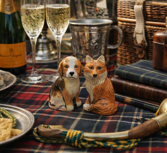 Antique Hand-Painted Porcelain Fox & Hound Salt & Pepper Shakers, Equestrian Estate Pair