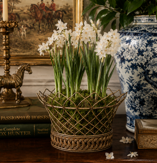 White narcissus flowers in a gold wire basket planter with green moss, styled on a wooden table next to a blue and white porcelain vase and a brass candlestick.