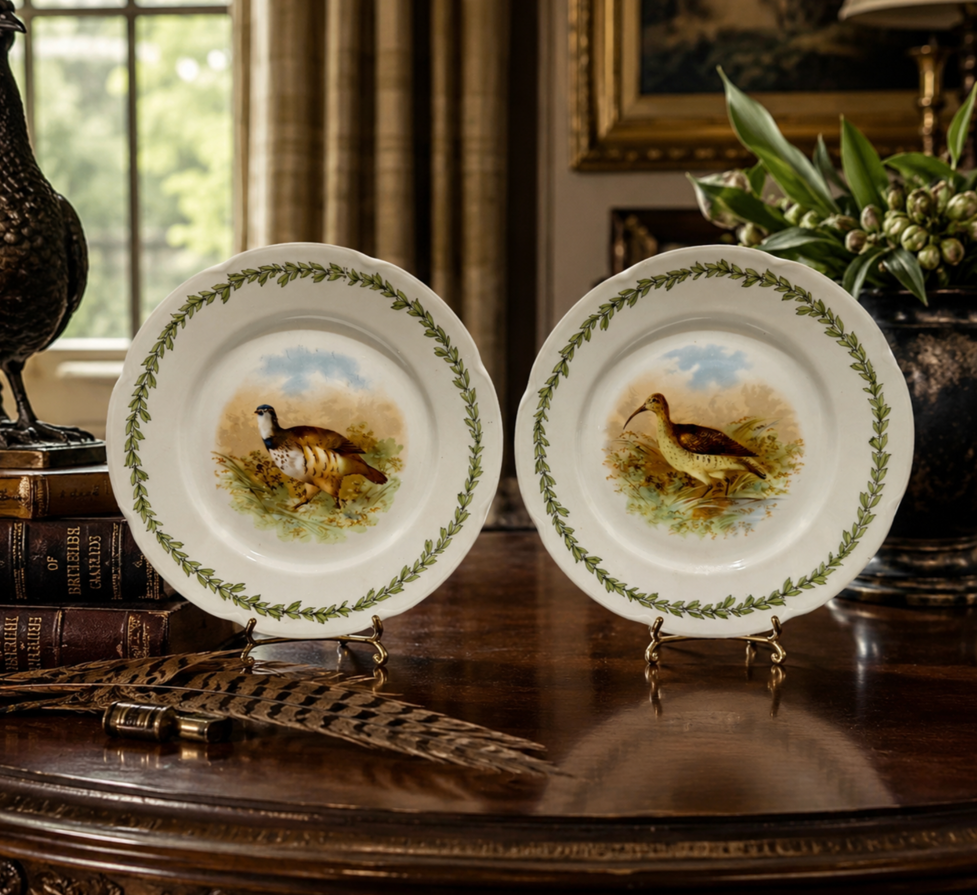 Two decorative ceramic plates displayed on small stands on a polished wooden table in an ornate room. Each plate features a hand-painted wild duck illustration in the center and a green wreath border around the rim.
