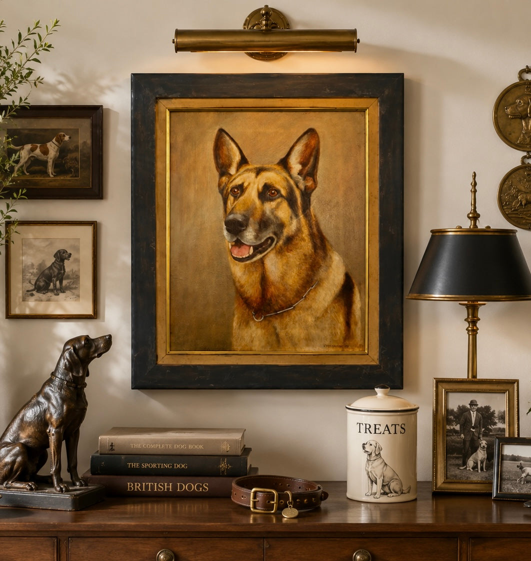 Framed portrait of a dog on a wall with decorative items below