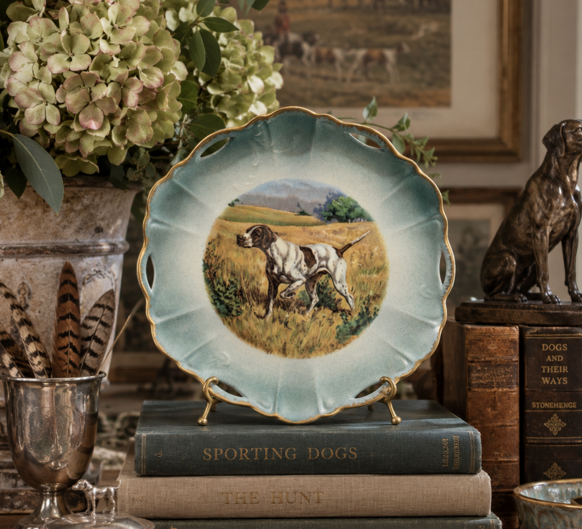 Vintage German Porcelain Hunting Dog Cabinet Plate