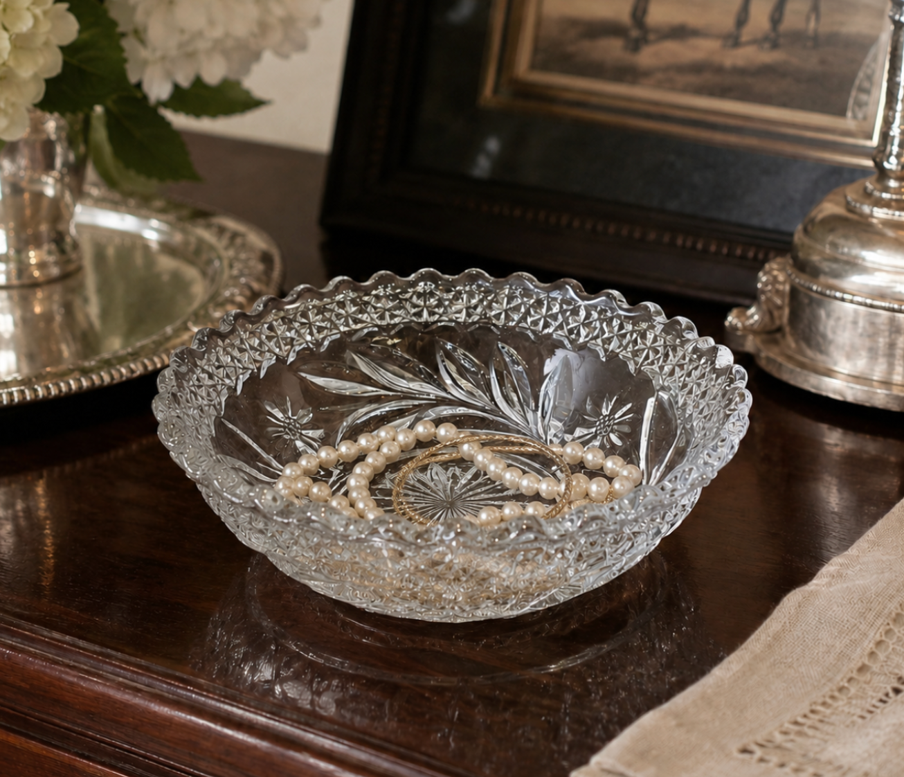 Vintage Pressed Glass Floral Scalloped Bowl Catchall
