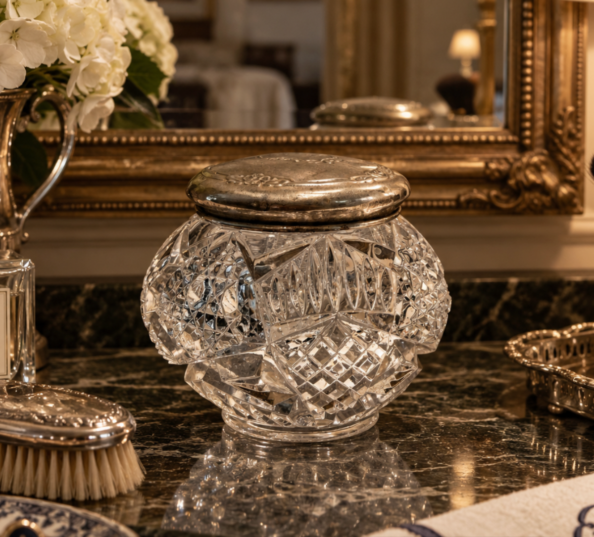 Vintage Glass Vanity Jar with Gold Floral Lid