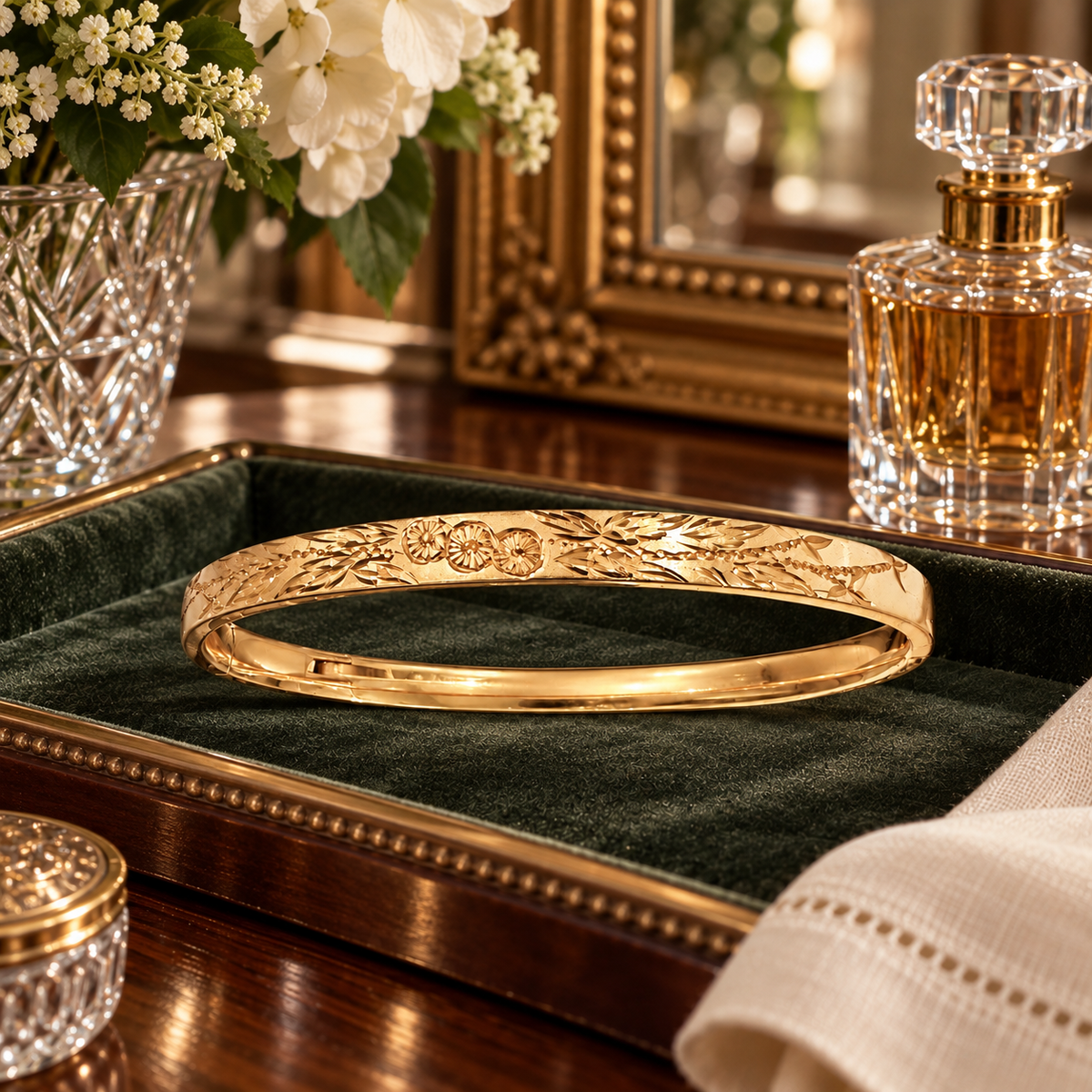 Antique Victorian Gold-Filled Engraved Floral Slide Bangle Bracelet