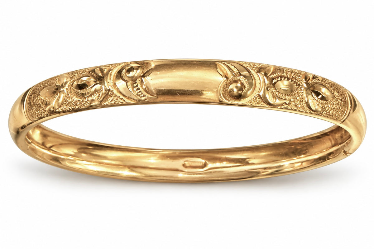 Antique Victorian Gold Filled Embossed Floral Hinged Bangle Bracelet
