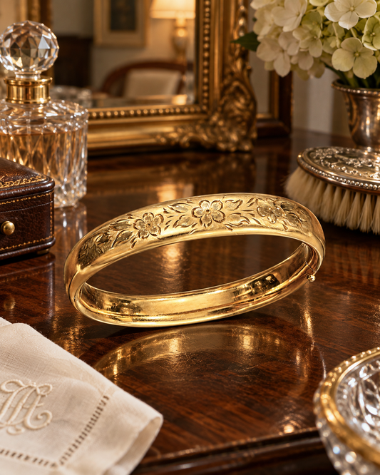 Antique Gold-Filled Floral Engraved Sliding Bangle Bracelet