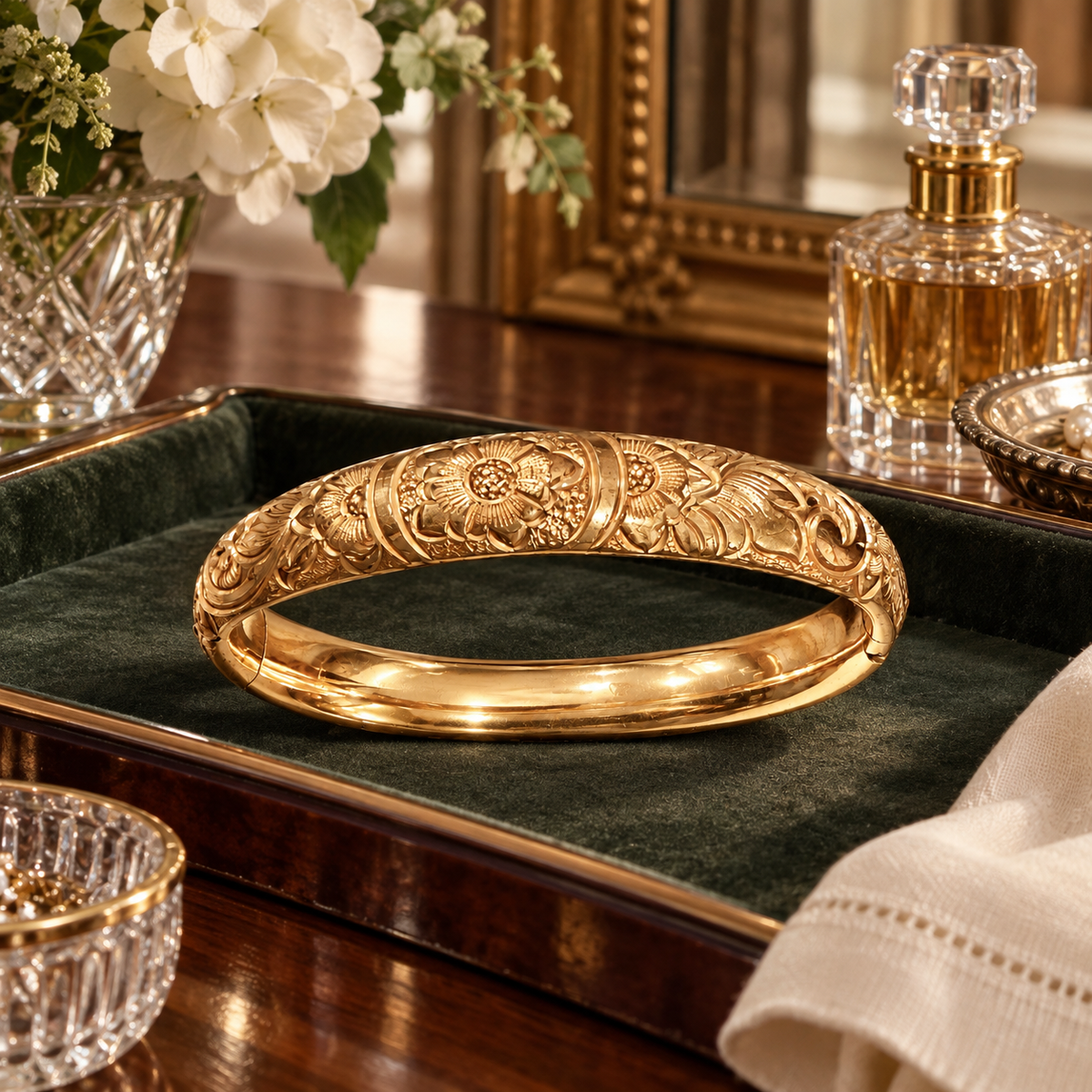Antique Gold-Filled Floral Engraved Hinged Bangle Bracelet