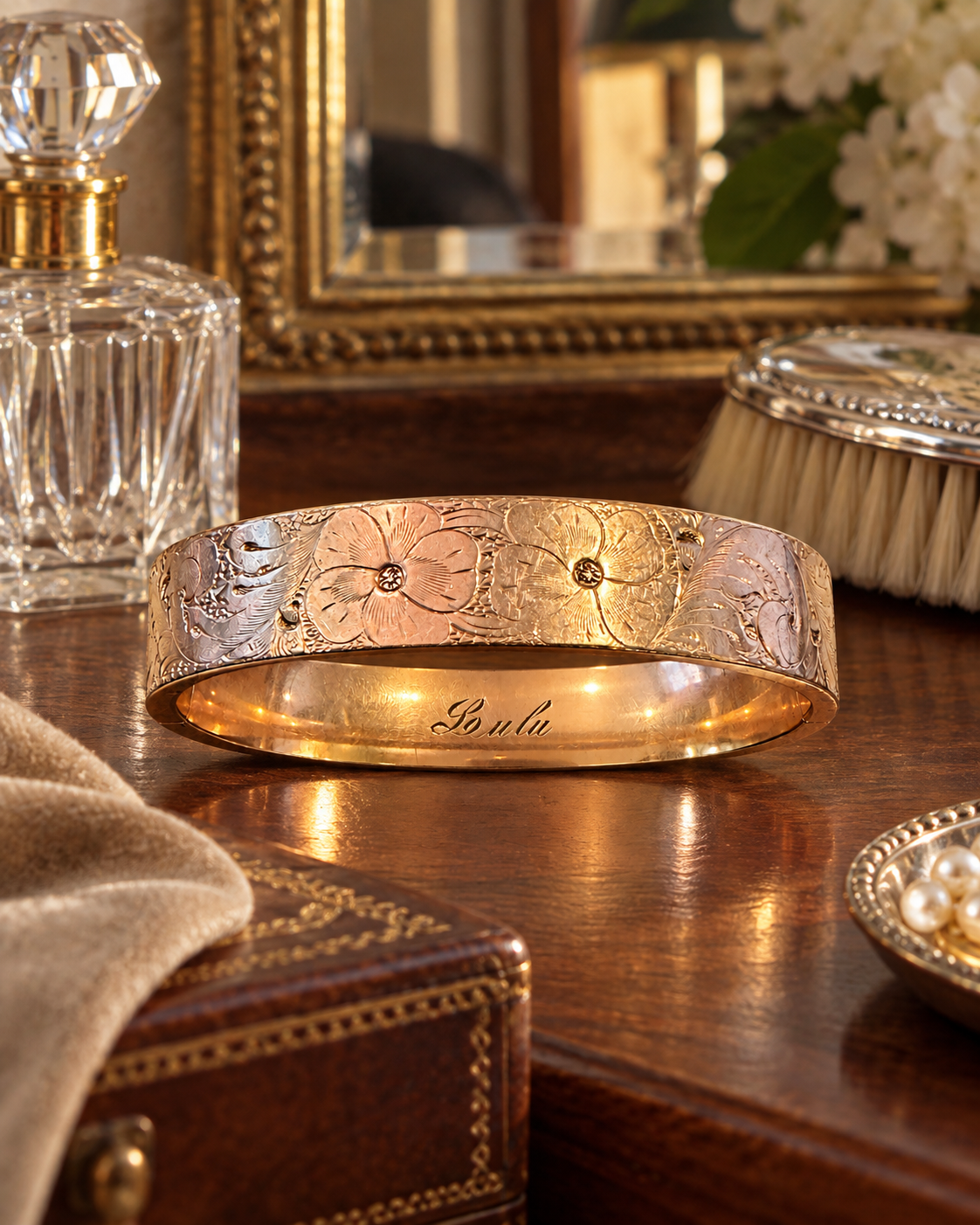 Antique Edwardian Engraved Floral Gold-Filled Hinged Bangle Bracelet