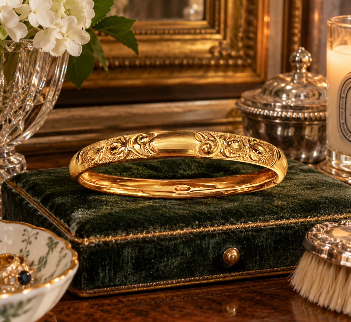 Antique Victorian Gold Filled Embossed Floral Hinged Bangle Bracelet