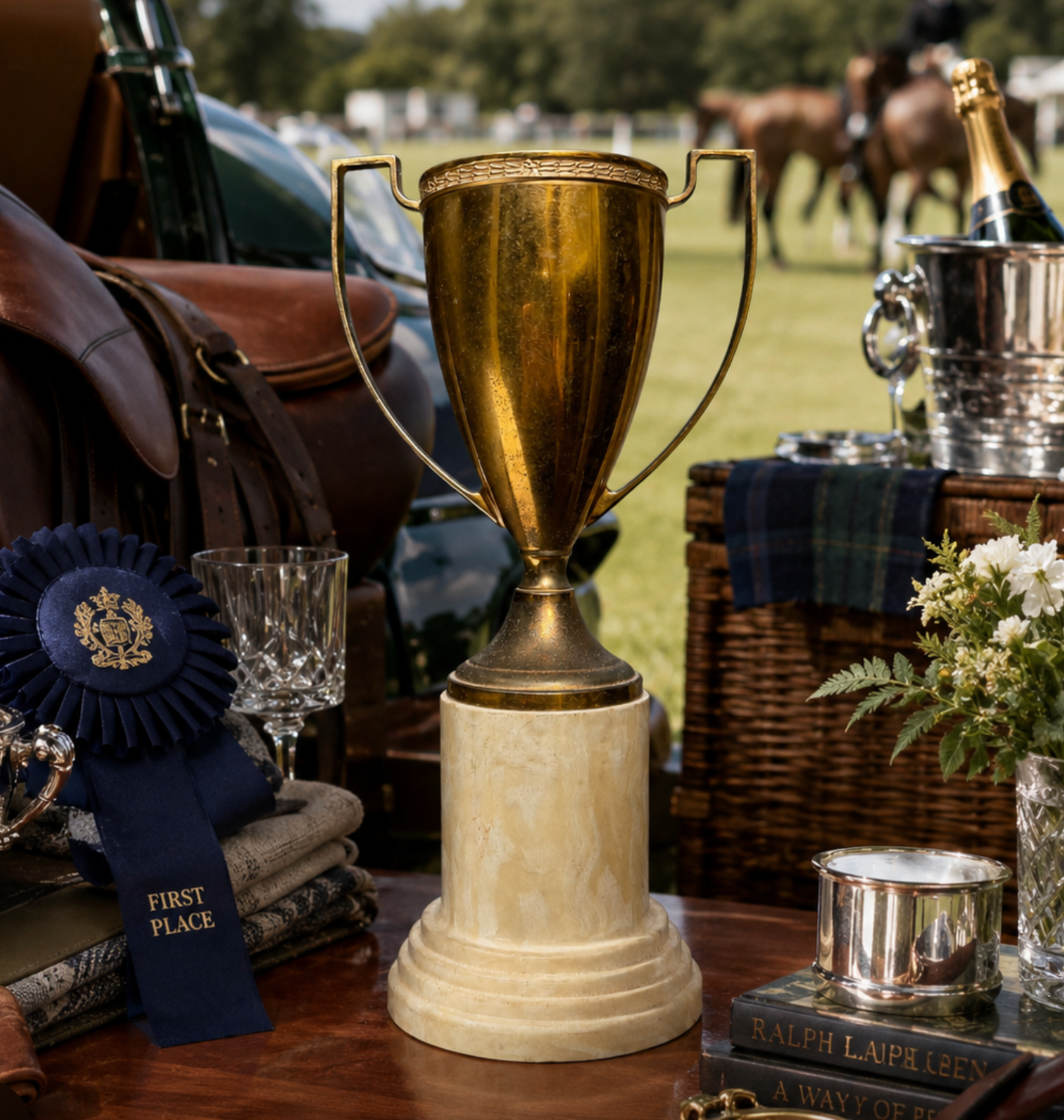 A gold trophy cup with a cream-colored stone base sits on a wooden table in an outdoor paddock setting. A blue ribbon with 'FIRST PLACE' is visible on the left, with a horse, carriage, and spectators blurred in the background.