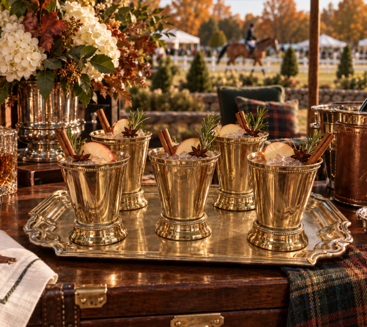 Six ornate gold-toned cocktail mugs filled with an iced drink and garnished with cinnamon sticks, orange slices, and rosemary, arranged on a matching gold tray on a wooden table. The setting is outdoors at dusk with a blurred horse ranch background.