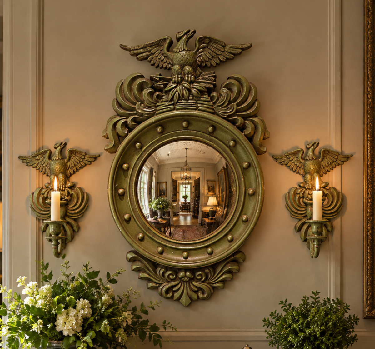 Vintage Federal Eagle Convex Mirror & Matching Candelabra Set