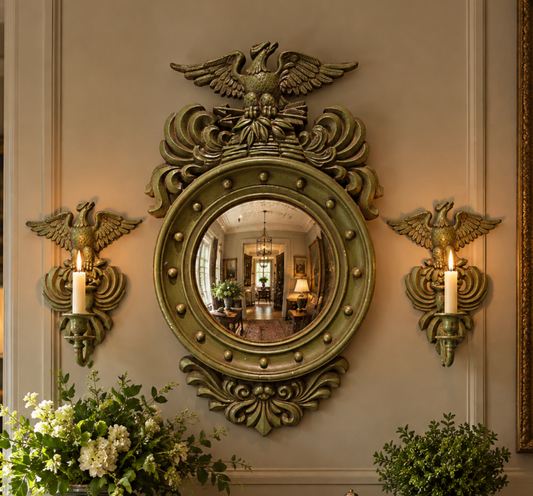 Vintage Federal Eagle Convex Mirror & Matching Candelabra Set