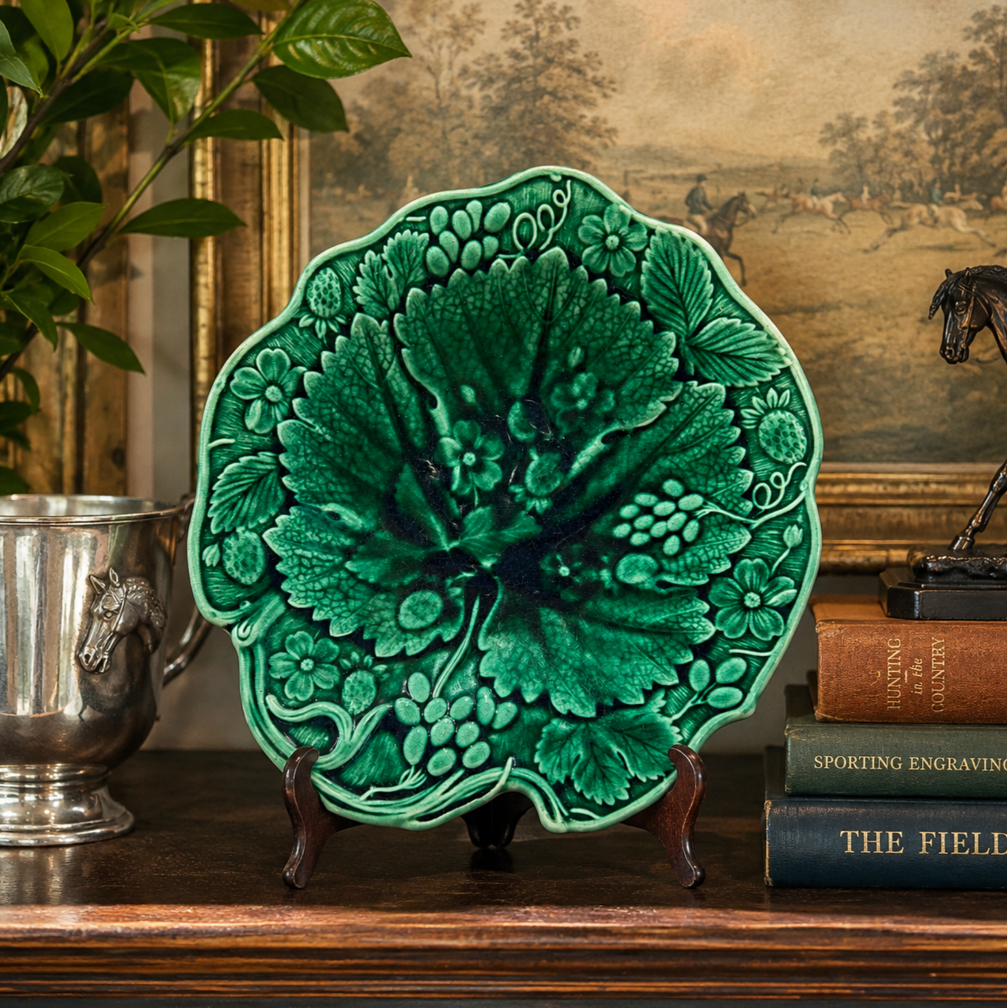 A green ceramic decorative plate with embossed grapevine and grape motifs, displayed on a small wooden stand on a dark wooden table with books and a silver goblet in the background.