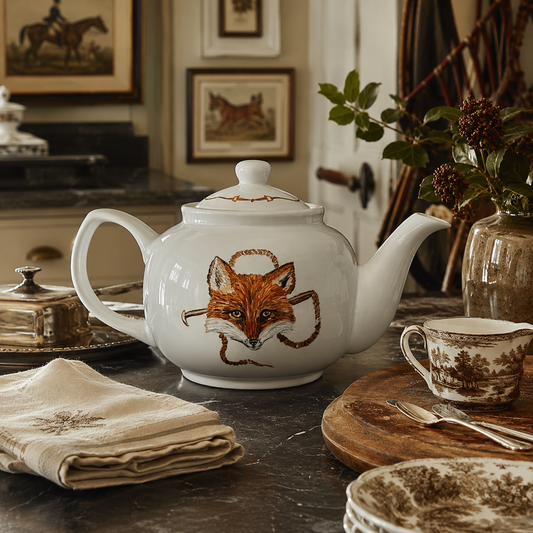 Teapot with fox design on a table with a cup and saucer, napkin, and decorative items.