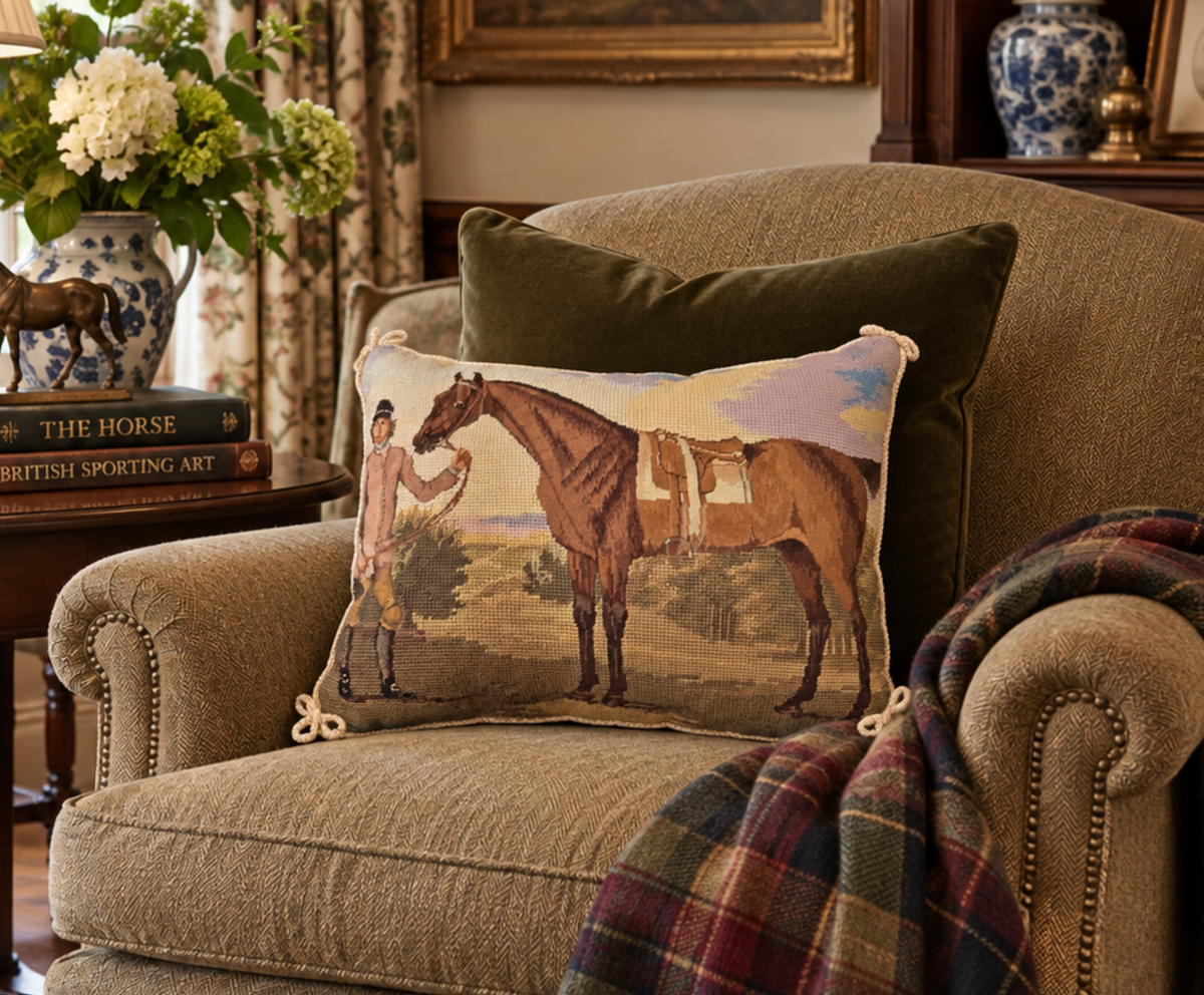 Vintage Equestrian Horse & Rider Wool Needlepoint Pillow