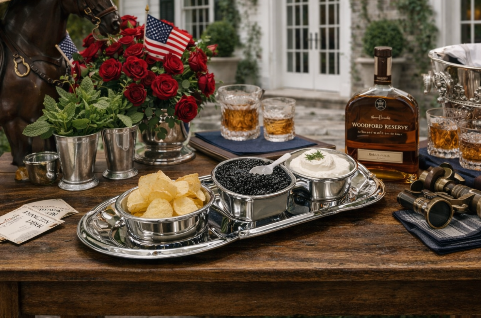 Cocktail setup with Woodford Reserve bourbon, snacks, and flowers on a wooden table.
