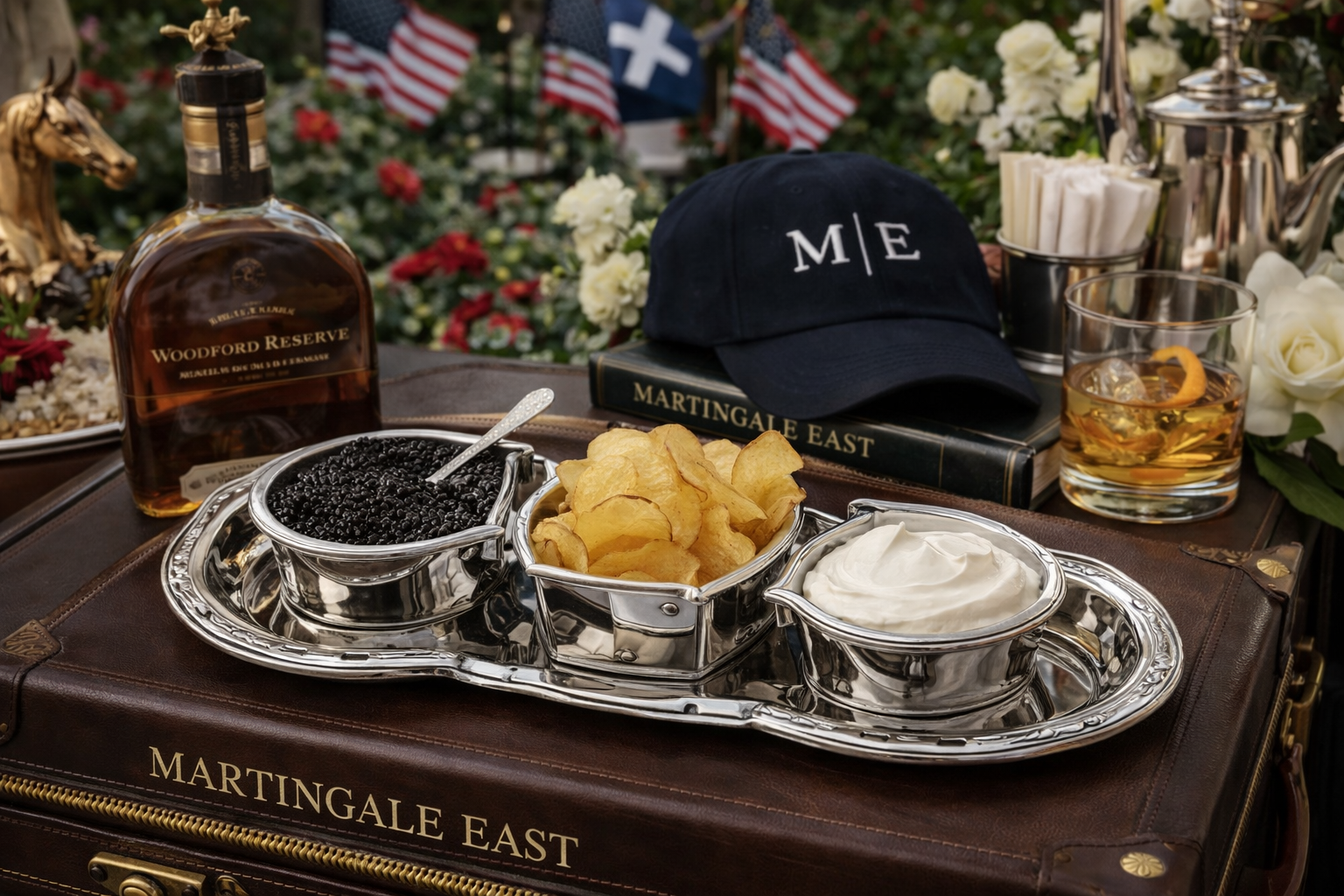 Dessert platter with caviar, crackers, and a glass of whiskey on a table with decorative items.
