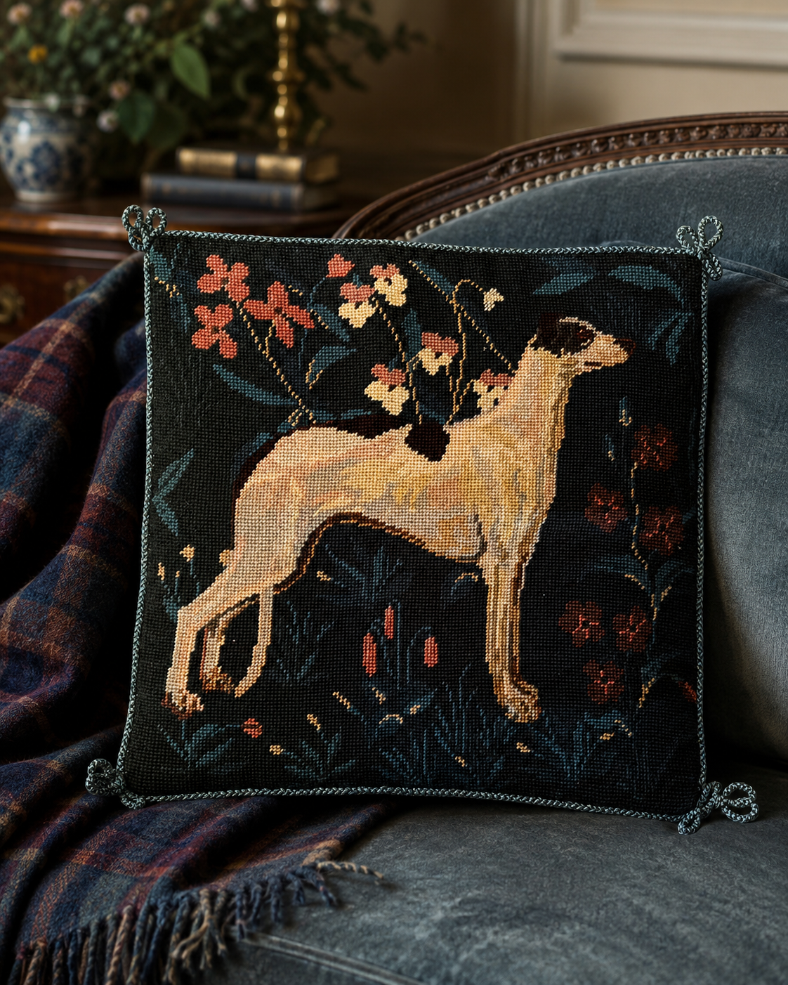 Decorative pillow with a needlepoint design of a dog and flowers on a couch.
