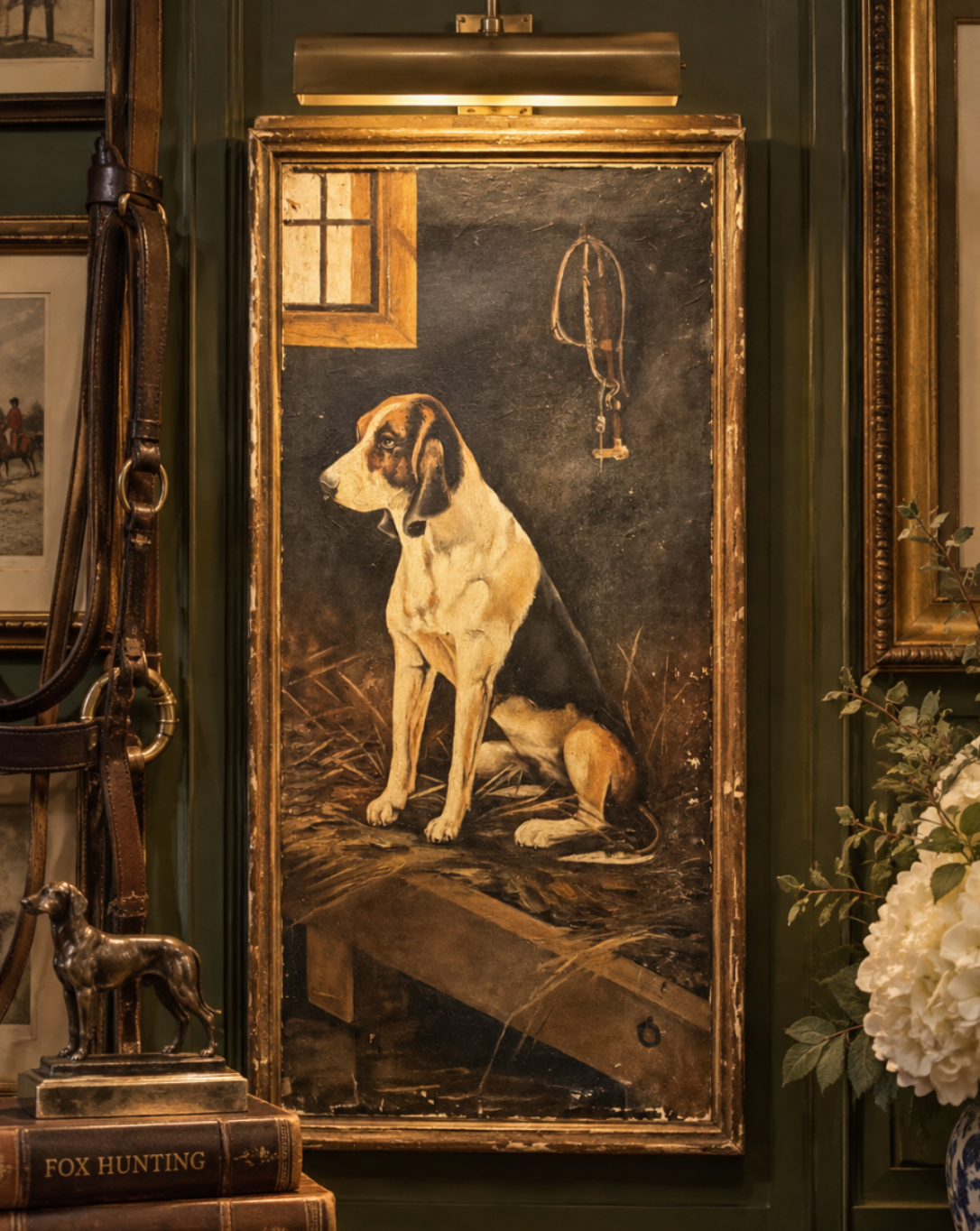 Antique Original English Oil Painting of a Hound in a Stable, c.1921, Signed K. Upton