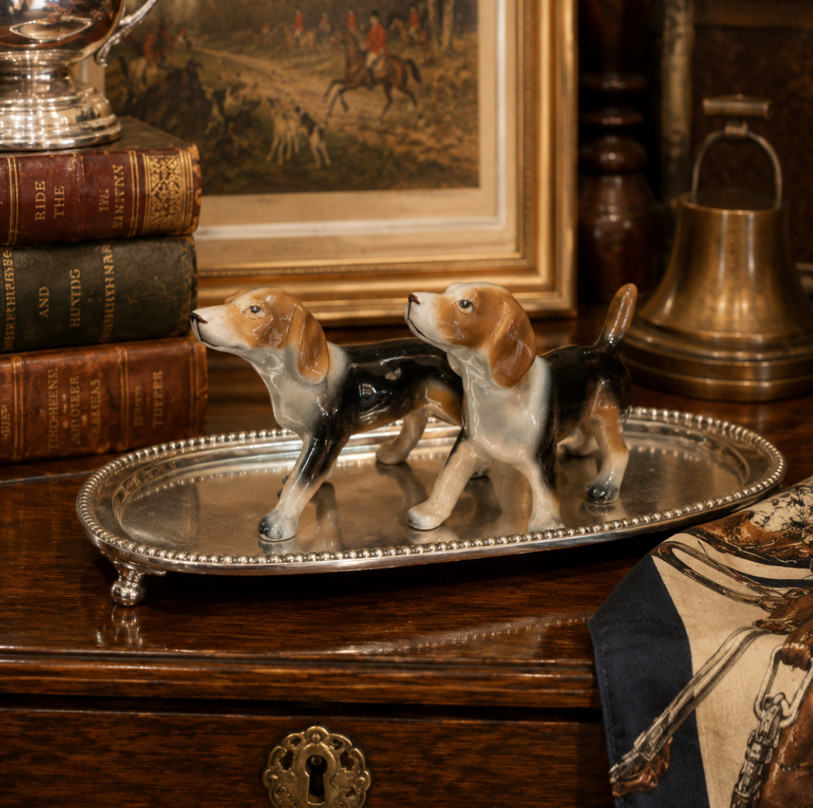 Vintage Pair of Hound Dog Porcelain Salt & Pepper Shaker Figurines