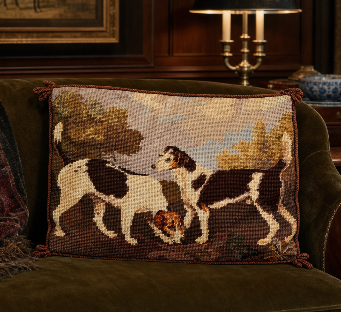 Vintage Foxhound Needlepoint Pillow Cover