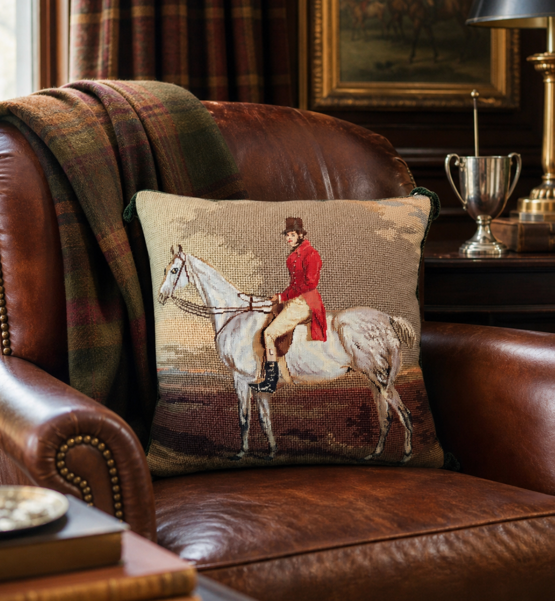 Vintage Equestrian Hunter Needlepoint Pillow