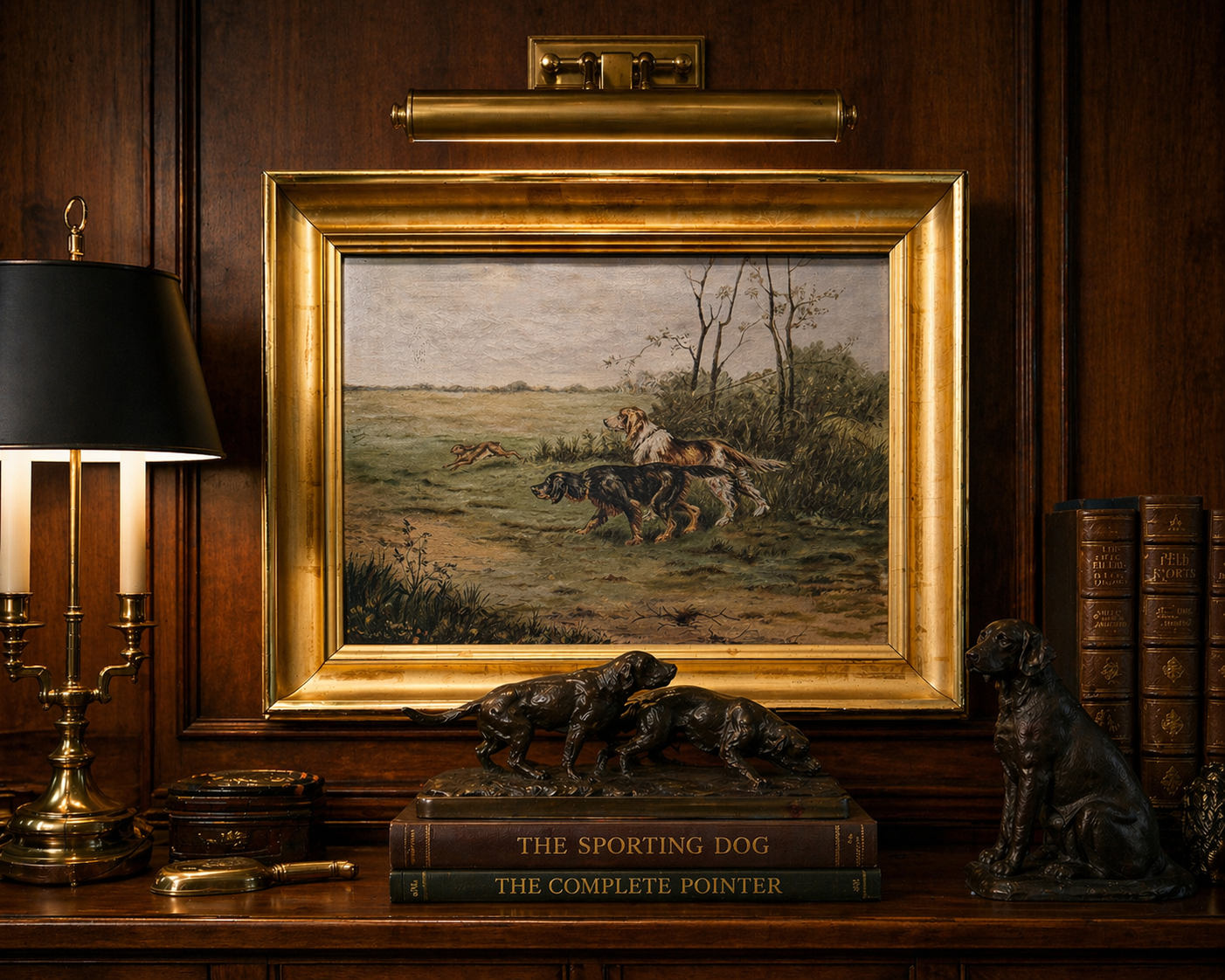 Framed painting of a hunting scene on a wooden shelf with books and decorative items.