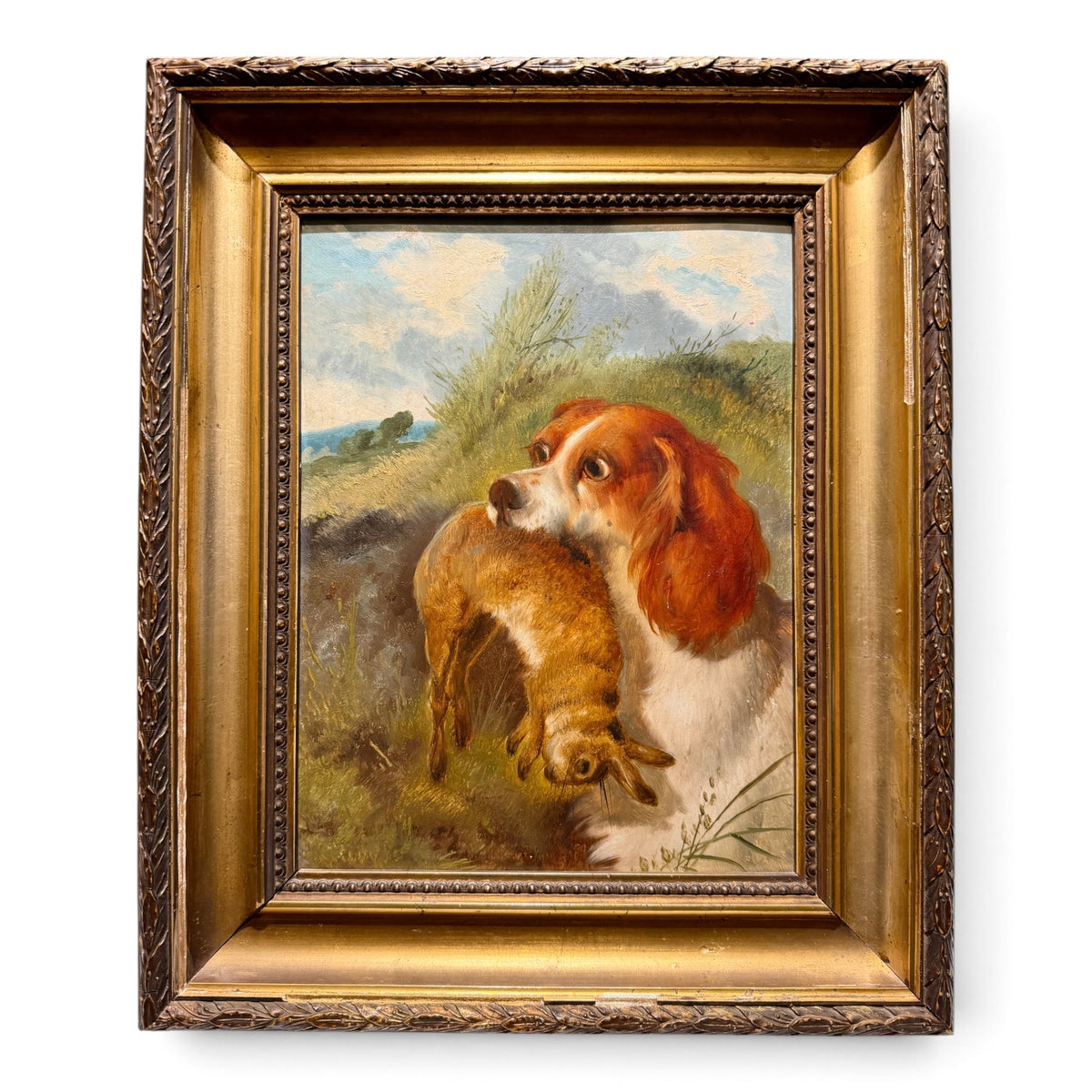 Antique Original Oil Painting of a Sporting Dog with a Hare - In Original Frame