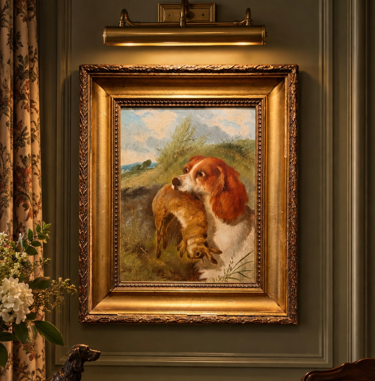 Antique Original Oil Painting of a Sporting Dog with a Hare - In Original Frame