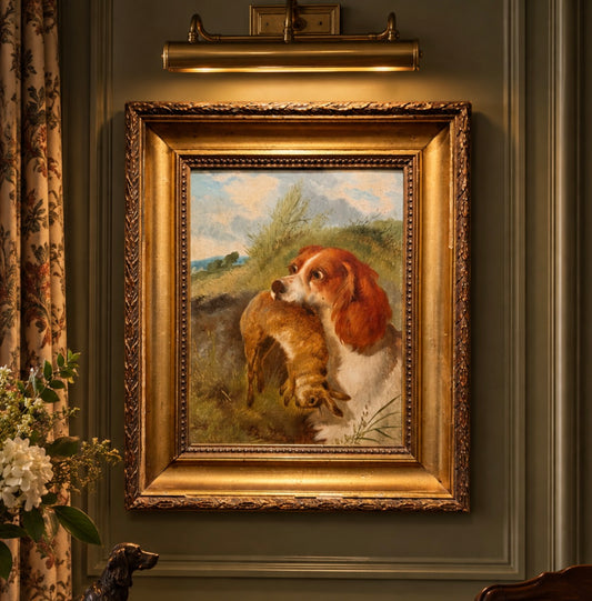 Antique Original Oil Painting of a Sporting Dog with a Hare - In Original Frame