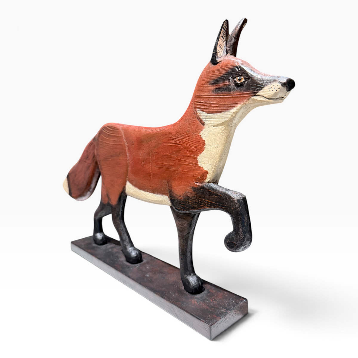 Vintage Hand-Carved & Hand-Painted Wooden Fox Sculpture