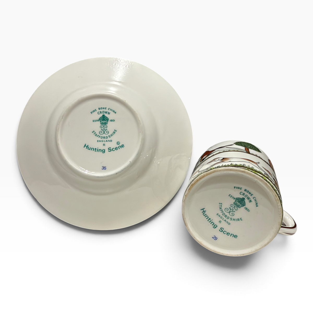 Vintage Crown Staffordshire Hunting Scene Fine Bone China Demitasse Cup & Saucer