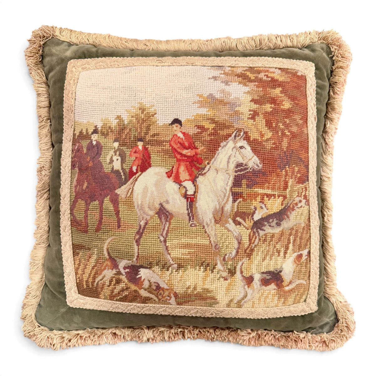 Vintage Fox Hunt Wool Needlepoint Pillow with Olive Velvet & Fringe