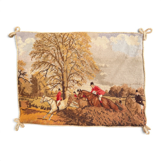 Vintage English Fox Hunting Needlepoint Pillow Cover