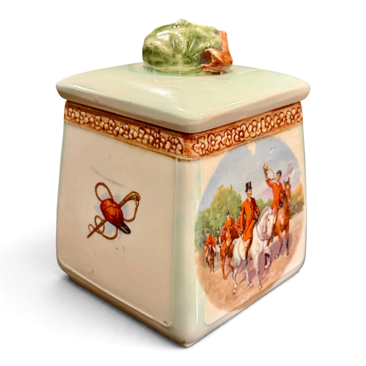 Vintage Hand-Painted English Fox Hunt Ceramic Covered Jar