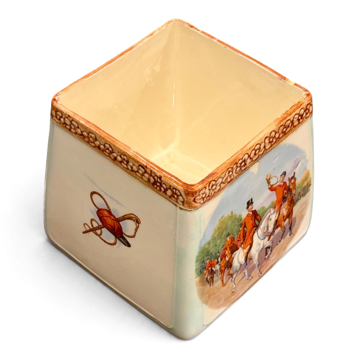 Vintage Hand-Painted English Fox Hunt Ceramic Covered Jar