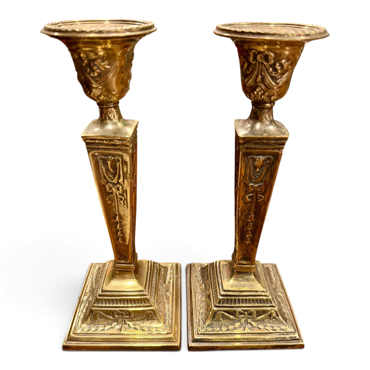 Pair of Antique Louis XVI-Style Ornate Solid Brass Candlesticks