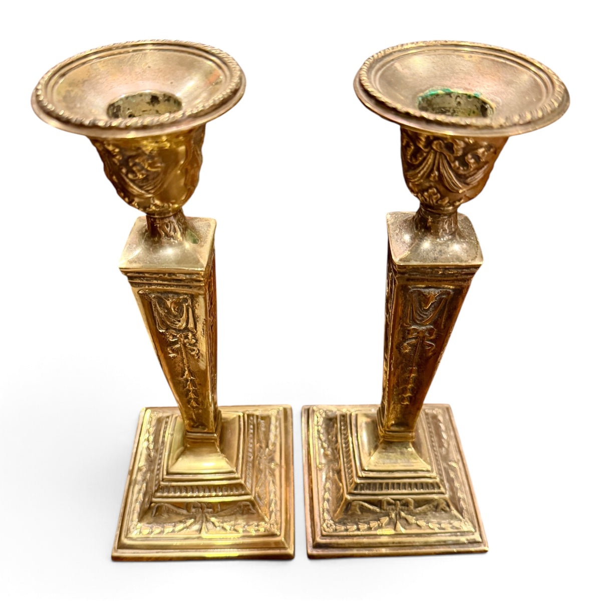 Pair of Antique Louis XVI-Style Ornate Solid Brass Candlesticks