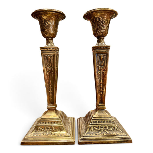 Pair of Antique Louis XVI-Style Ornate Solid Brass Candlesticks