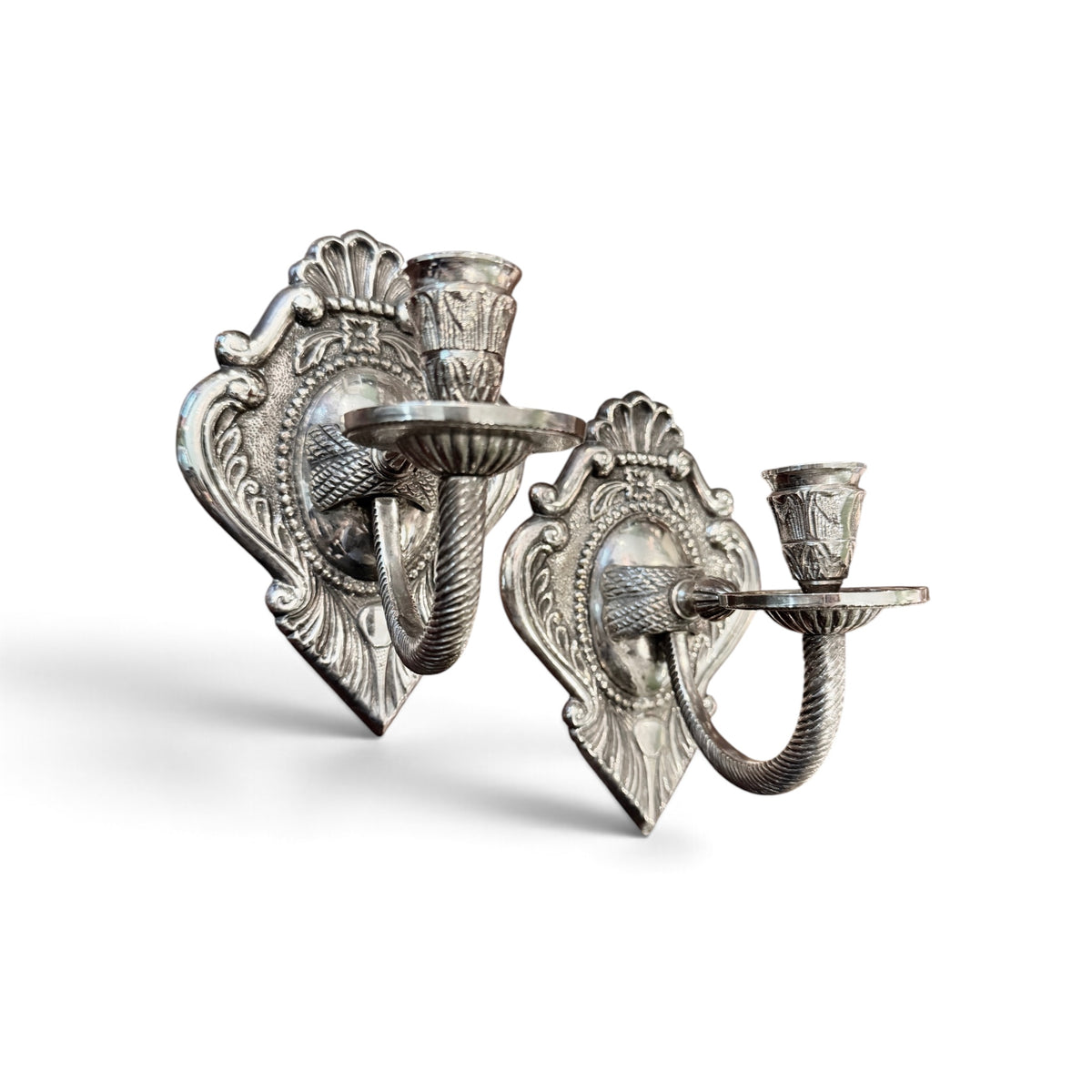Vintage Silver Rococo Wall Candle Sconces - Pair