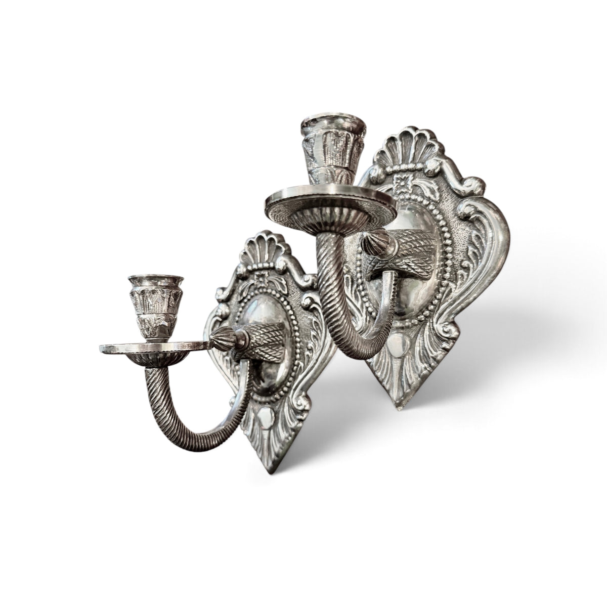 Vintage Silver Rococo Wall Candle Sconces - Pair