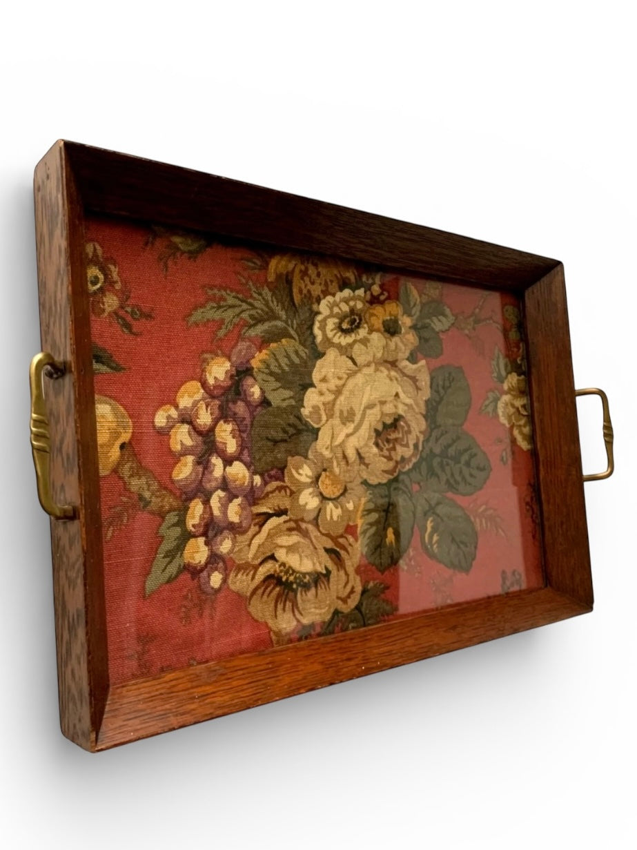 Antique Ralph Lauren Fabric Oak Wood Serving Tray with Brass Handles