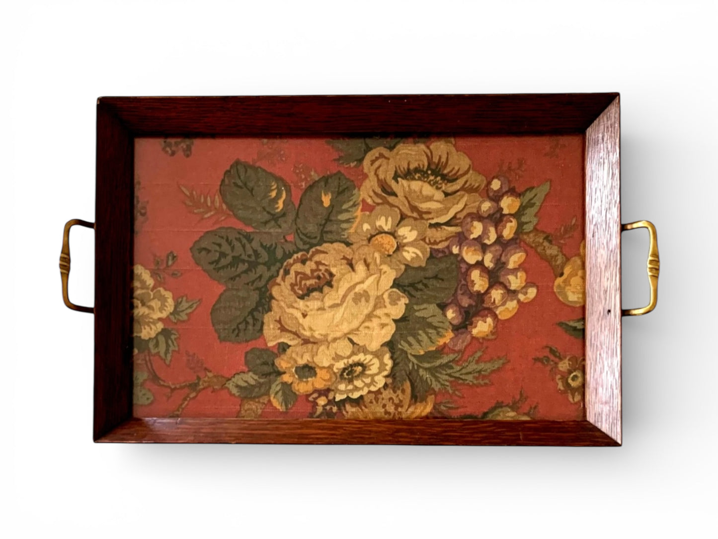 Antique Ralph Lauren Fabric Oak Wood Serving Tray with Brass Handles