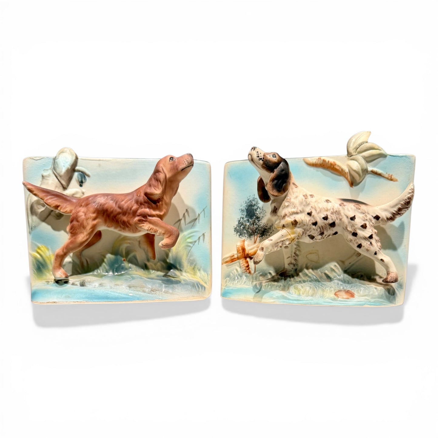 Vintage Hand Painted Setter Dog Ceramic Wall Pockets, Pair