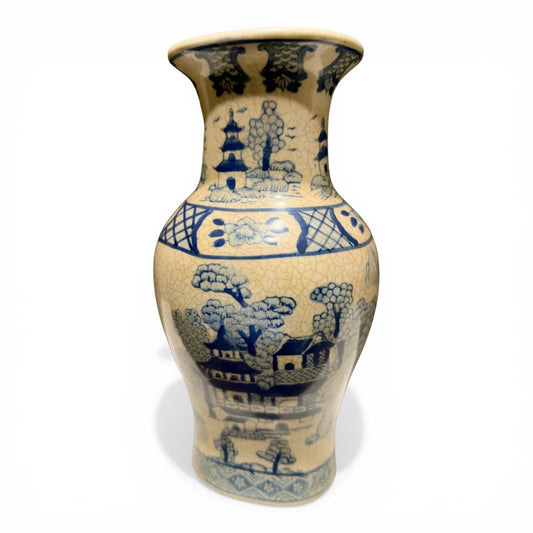 Antique Japanese Chinoiserie Blue & White Porcelain Vase