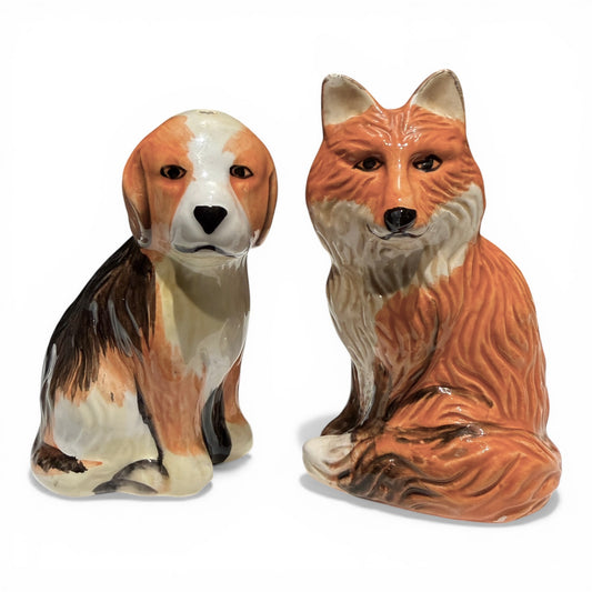 Antique Hand-Painted Porcelain Fox & Hound Salt & Pepper Shakers, Equestrian Estate Pair