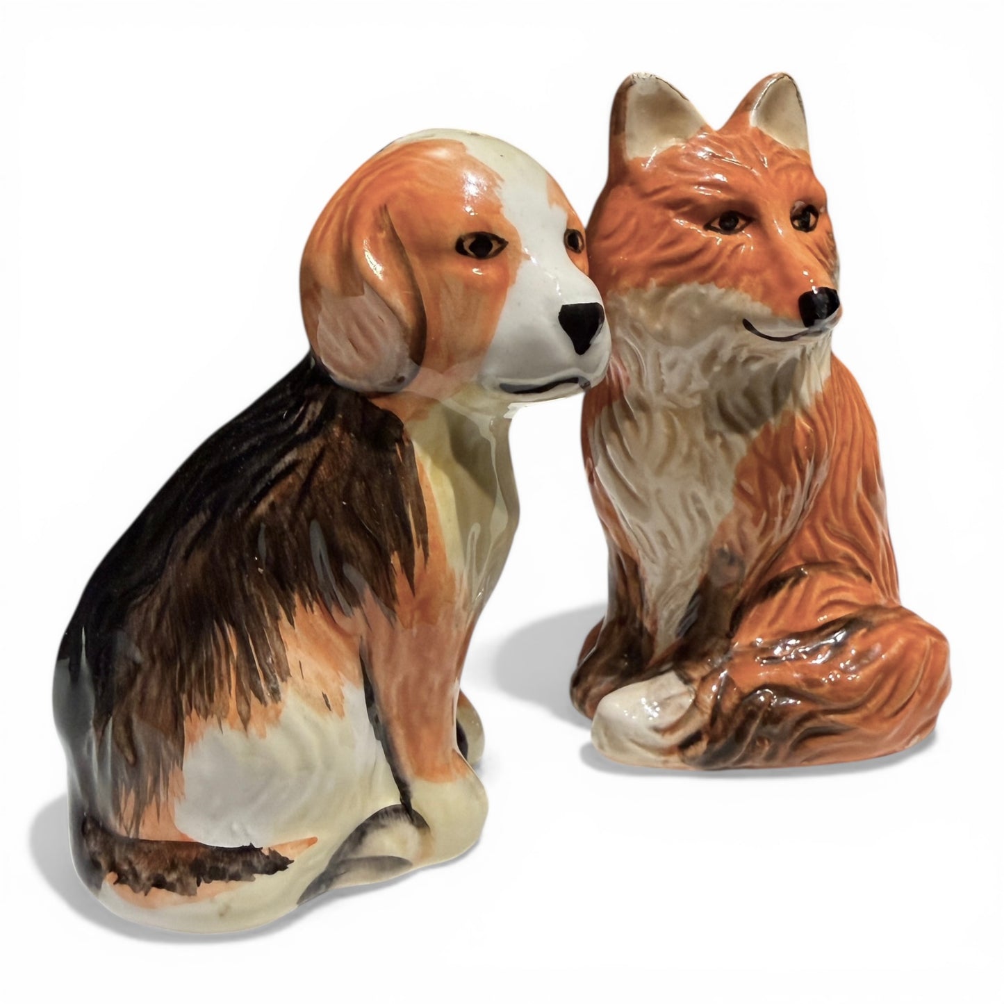 Antique Hand-Painted Porcelain Fox & Hound Salt & Pepper Shakers, Equestrian Estate Pair
