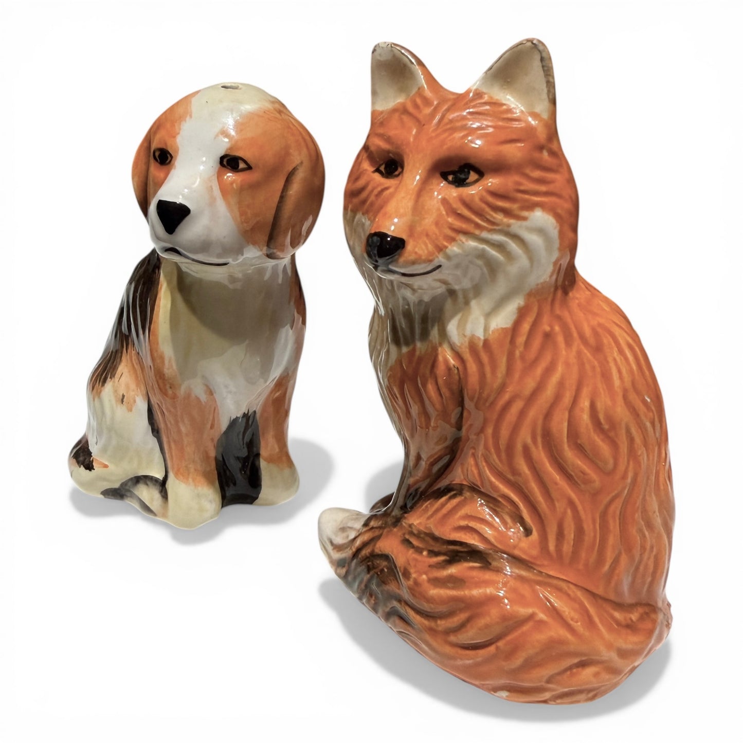 Antique Hand-Painted Porcelain Fox & Hound Salt & Pepper Shakers, Equestrian Estate Pair